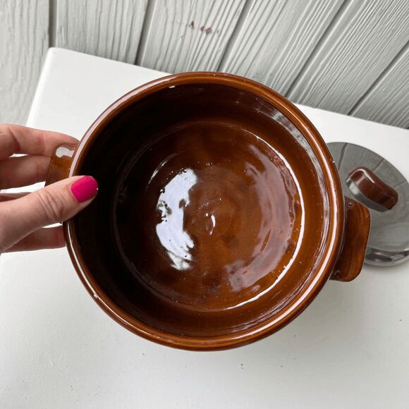 VTG West Bend Brown Glazed Pot Canister Chrome Lid 8.5” Mid Century - Picture 5 of 13